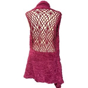 Escio XL Cardigan Vest Burgundy Crochet Fuzzy Knit Boho Glam Hippie Janis Joplin